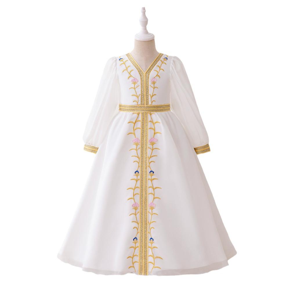 Middle Eastern Muslim Women's V-Neck Lantern Sleeve White Maxi Dress