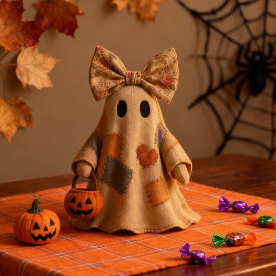 Patchwork Ghost Halloween Decor Handmade Ghost with Pumpkin Bucket And Floral Bow Vintage Tabletop Ornament for Shelf Home Decoration