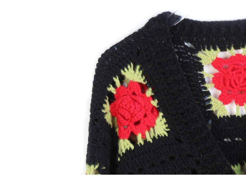 Hand-Crocheted Rose V-Neck Cardigan – Solid Color, Long Sleeve, French Chic