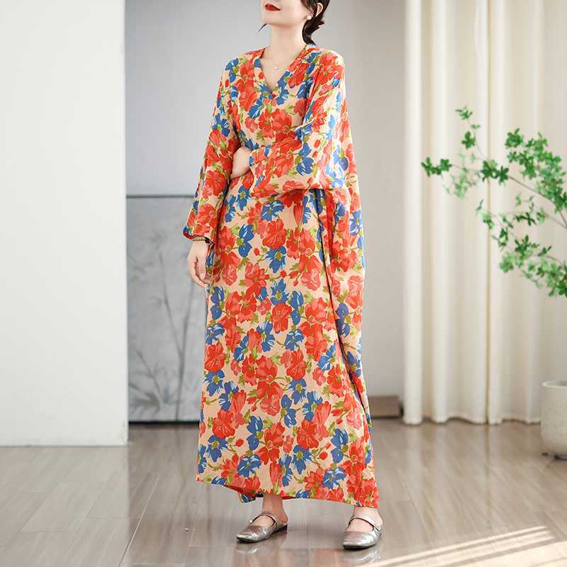 

Красочная хлопково-льняная длинная юбка с V-образным вырезом в отпускном стиле One Size