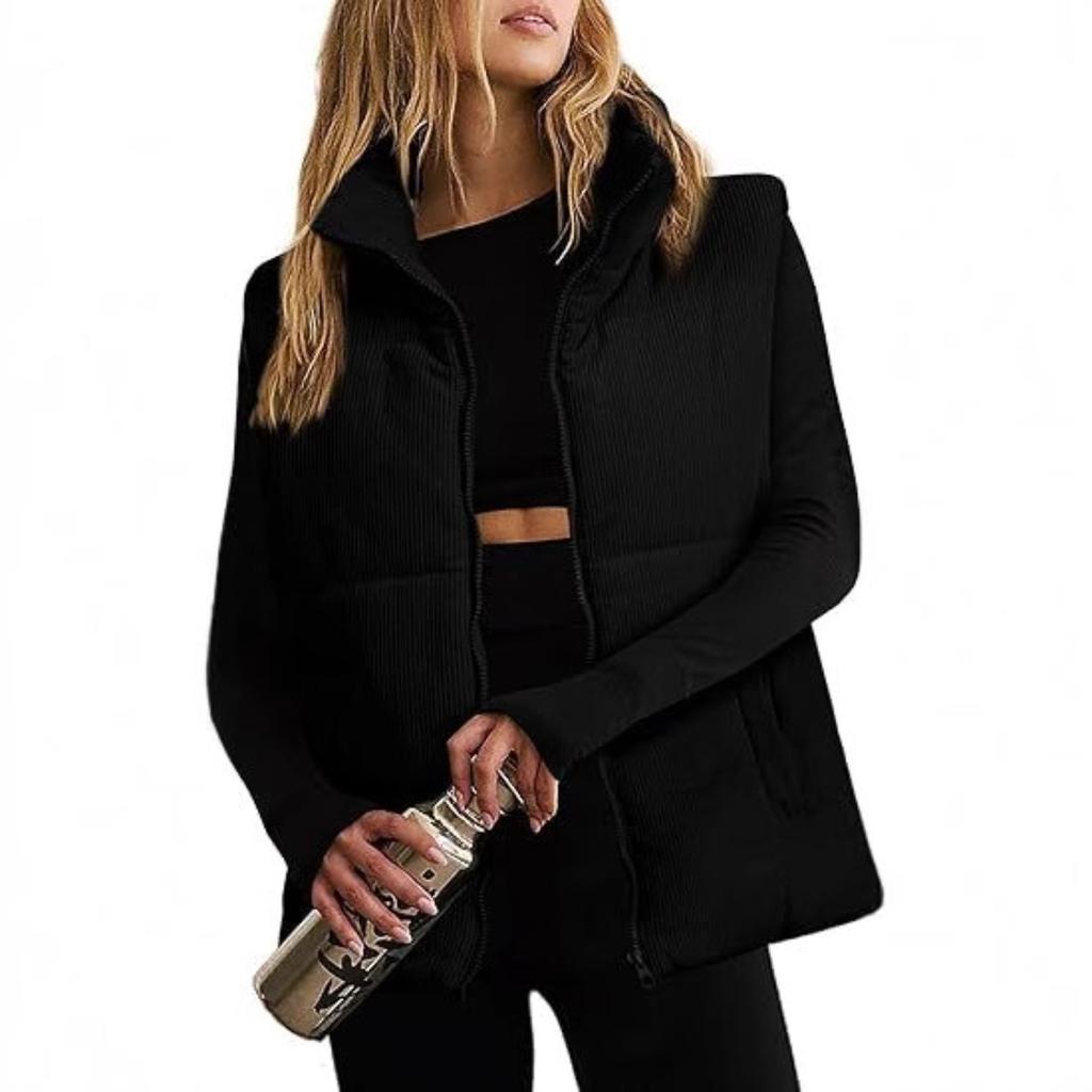2026 Fall Winter Women's Fashion Casual Corduroy Placket Zip Up Padded Cotton Vest Sleeveless Jacket