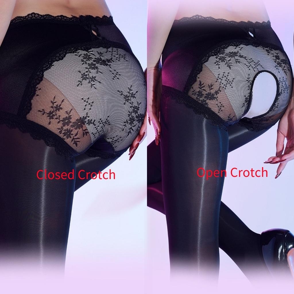 Horse Oil Slim Shaping Tights Lace Transparent Open Crotch See Through Patchwork Pantyhose Sexy Lingerie Satin Silk Underwear