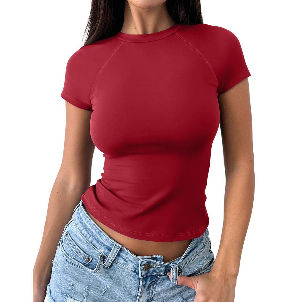 Women's Fashion Casual Slim Fit Raglan Short Sleeve Bottoming Shirt Outerwear Top