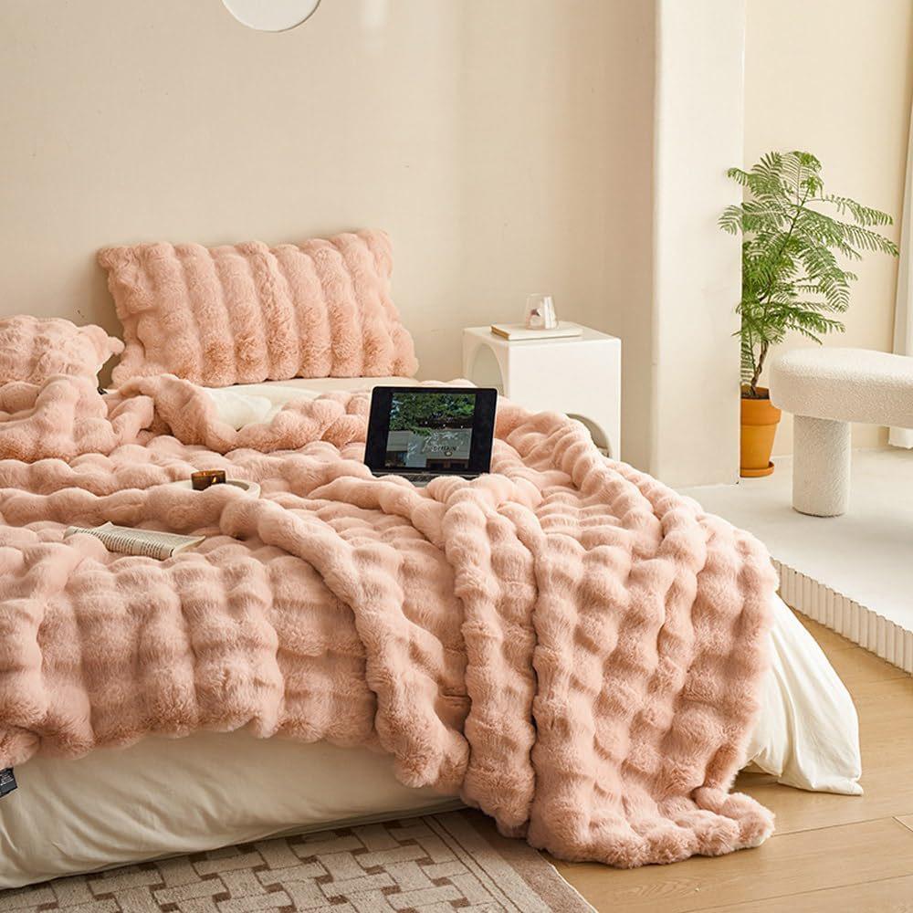 Tuscany Faux Rex Rabbit Bubble Fleece Double-Sided Thickened Blanket