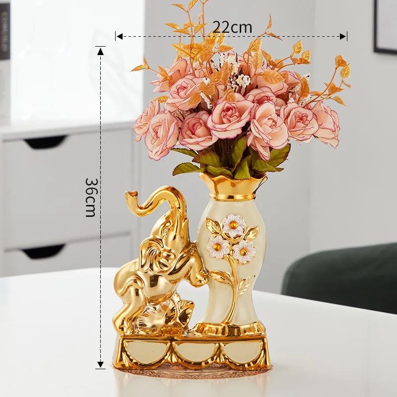 Keramik-Elefantenvase im europäischen Stil – Dekorative Figur mit künstlichen Blumen für Zuhause oder Tischplatte