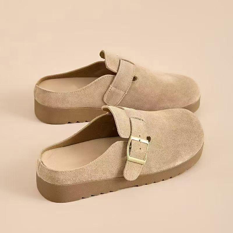 2024 Women's Fleece Half-Slippers: Closed-Toe Flat Birkenstock Style, Perfect for Pregnant Women & Outdoor Wear
