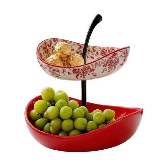 Double Layer Fruit Plate Multi-Layer Ceramic Fruit Bowl with Metal Stand Dishwasher Safe Corner Kitchen Countertop Organizer for Fruits Snacks Cakes
