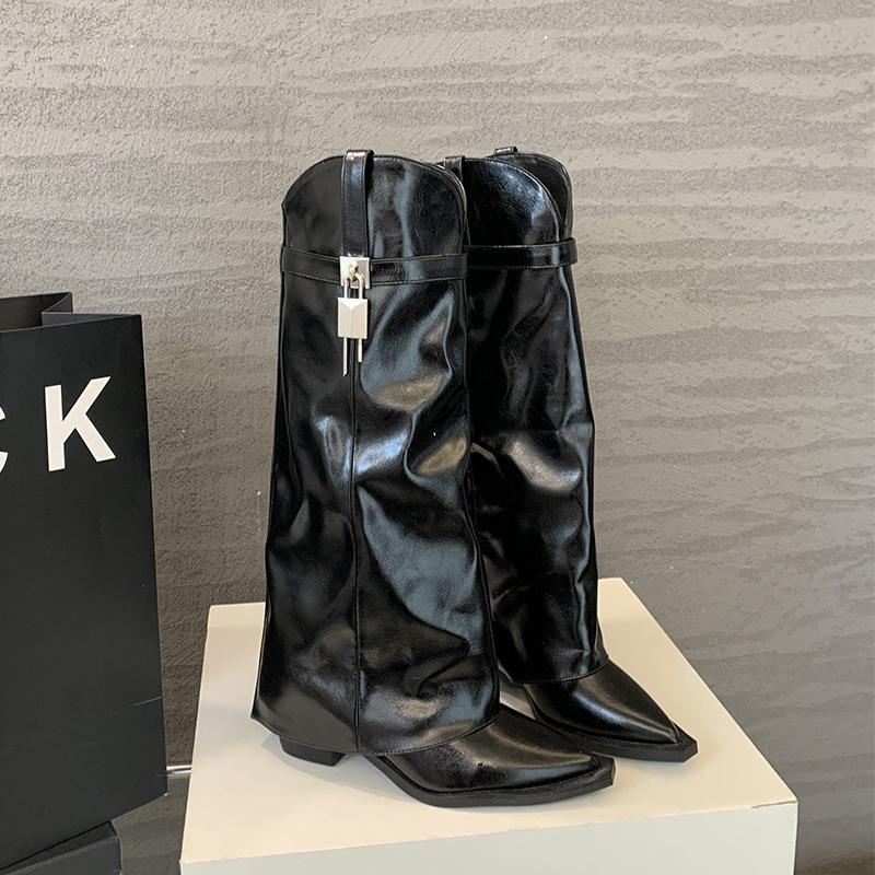 

Fashion pointed trouser boots women s 2025 new thick heel high heel big tube circumference knight boots high boots 39 чёрный