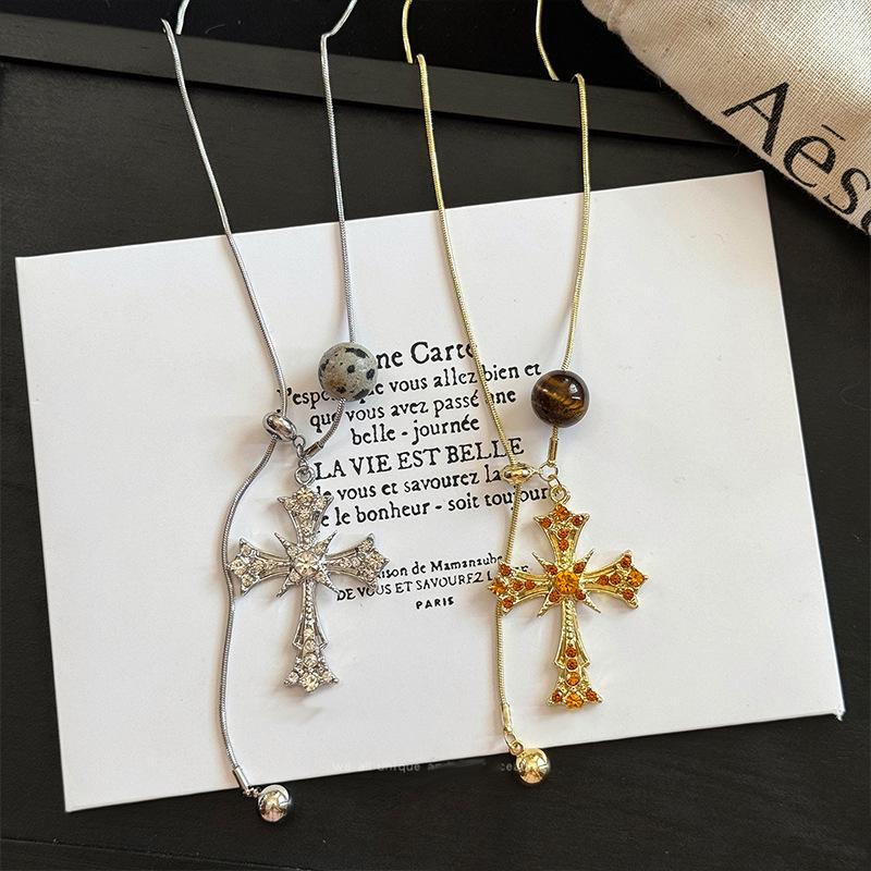 Vintage Tiger Eye Stone Cross Pendant Necklace with Sweater Chain Design