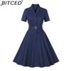 Women's Single-Breasted Wide-Skirted Retro-Style Waist-Cinched Solid-Colour Dress