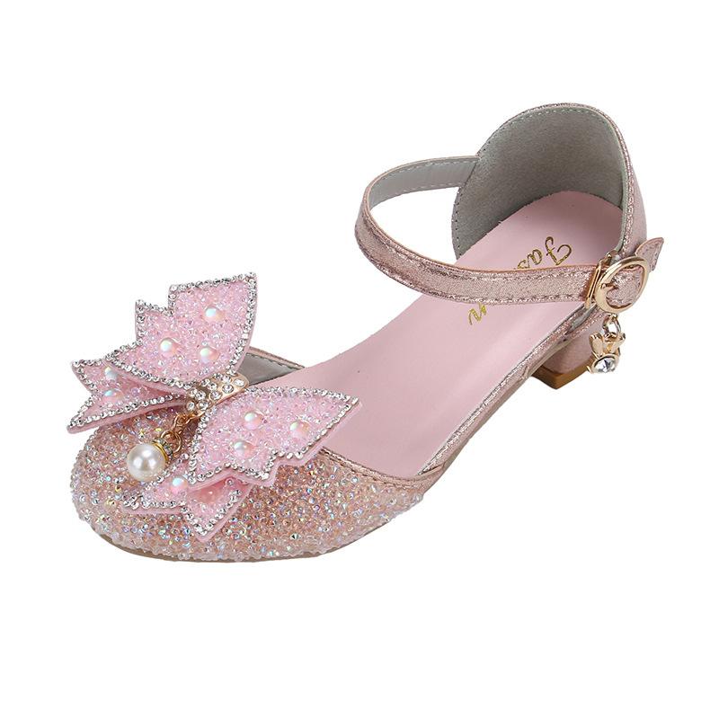 Girls Dance Shoes High Heels for Wedding Party Kids Half Sandals Sweet Bows 2025 Summer New Children Princess Shoes Shiny Sequin