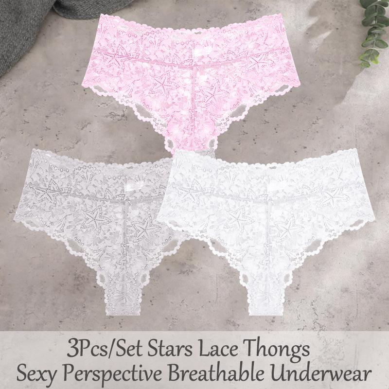 FINETOO 3Pcs Sexy Lace Star Perspective Thongs Panties Women High Waist Breathable Underwear Female Soft Intimates Lingerie 2026