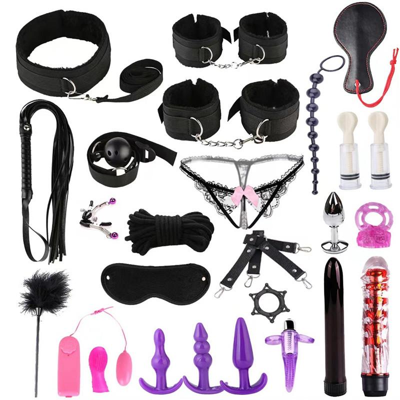 26pcs Bondage Set Plush Red Handcuffs Whip Slave Games Anal Plug Couple Sex Toys Fetish Bondage Gear for Husband and Wife
