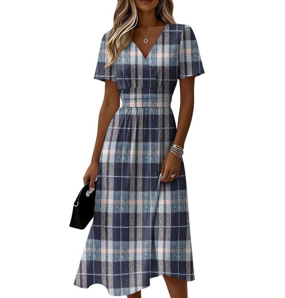 Ladies' Plaid Casual Fashionable Short Sleeved V-neck Dress