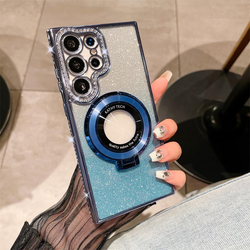 Suitable for Samsung S25 Ultra Mobile Phone Case Flash Powder Gradient Electroplated Rhinestone Magnetic Suction Bracket S24 Anti Fall A56