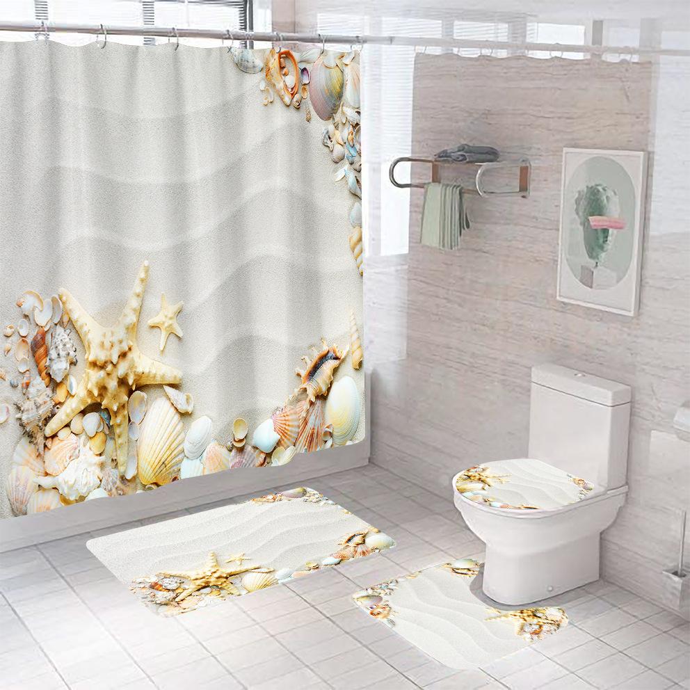 Bathroom Shower Curtain Four-piece Digital Printing Beach Shell Waterproof Shower Curtain Shower Curtain Partition Curtain Bath Mat