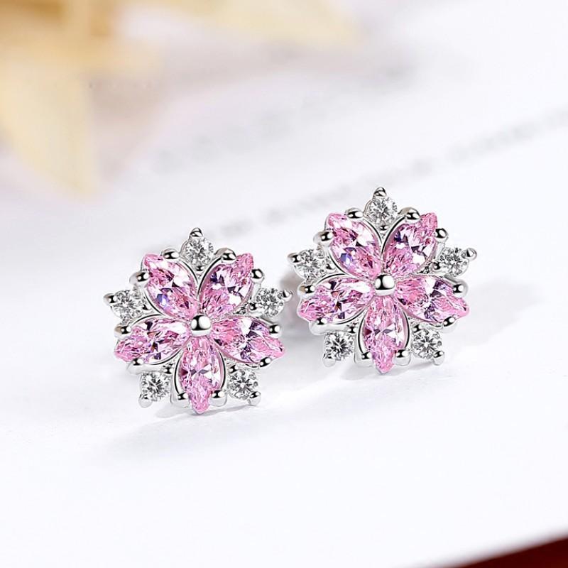Fashion Pink Zircon Marquise Flower Stud Earrings For Women Unique And Elegant Ear Jewelry Accessories