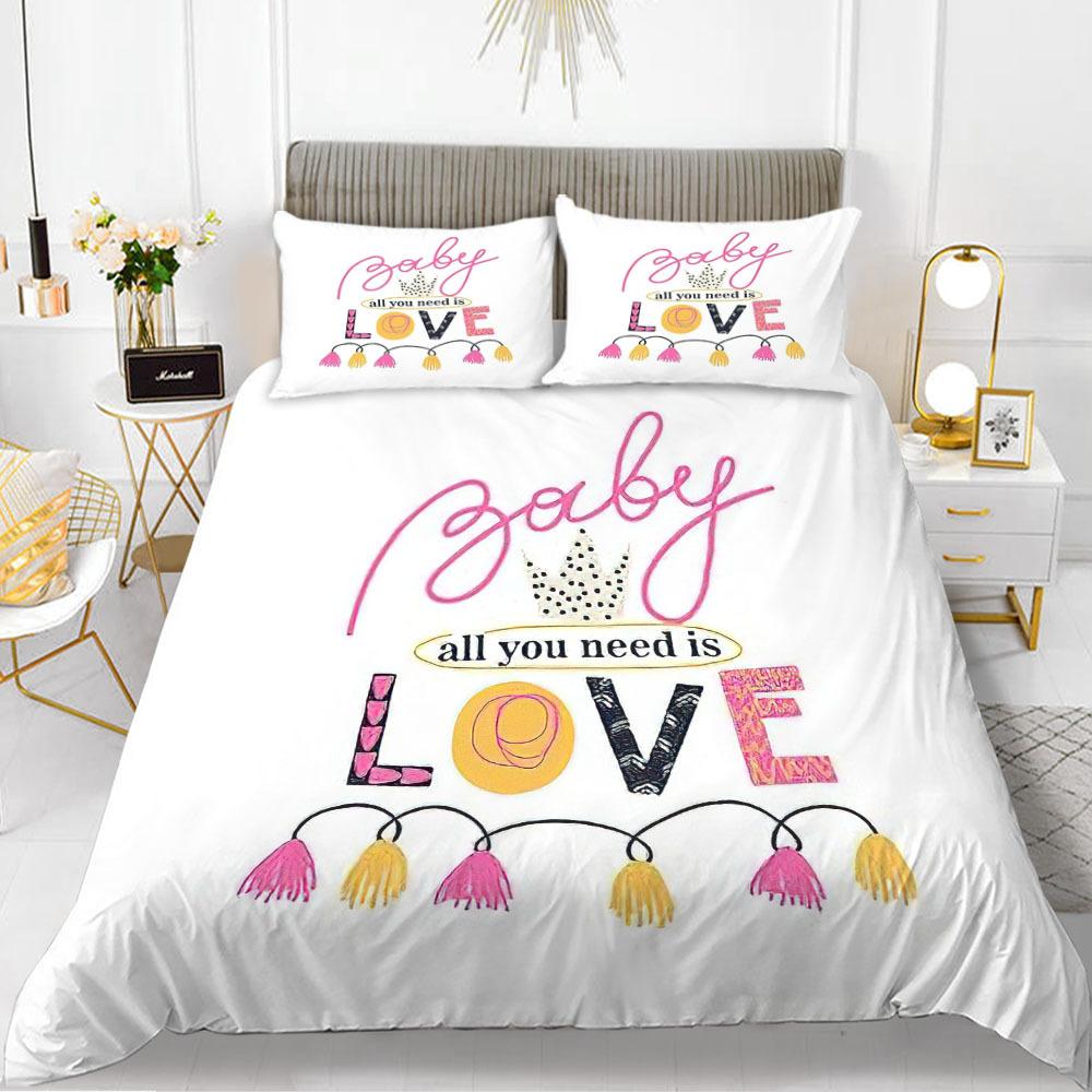 Love Theme Duvet Cover Set King Queen Size Heart Shape Romantic Letters Pink Flower For Kids Girls Couples Polyester Bedding Set