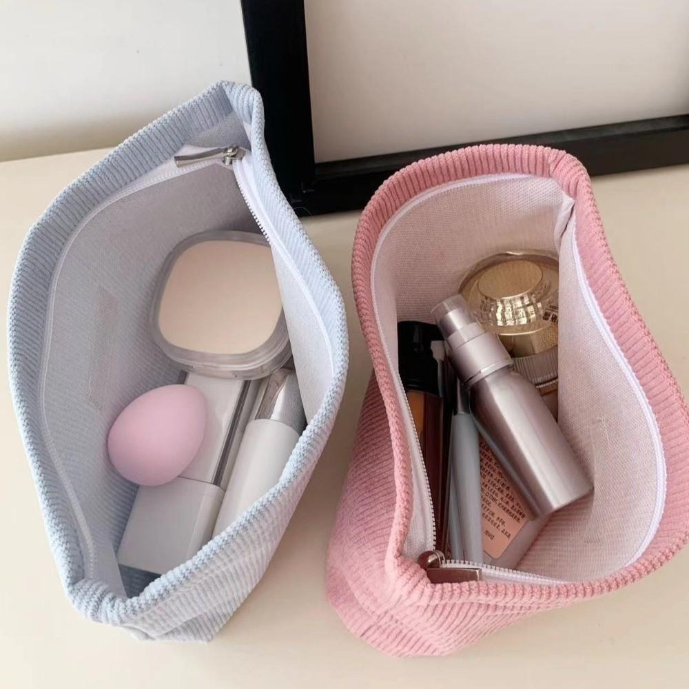 Simple Solid Color Cosmetic Bag Corduroy Multifunctional Storage Bag with Zipper Large Capacity Toiletry Bag Women