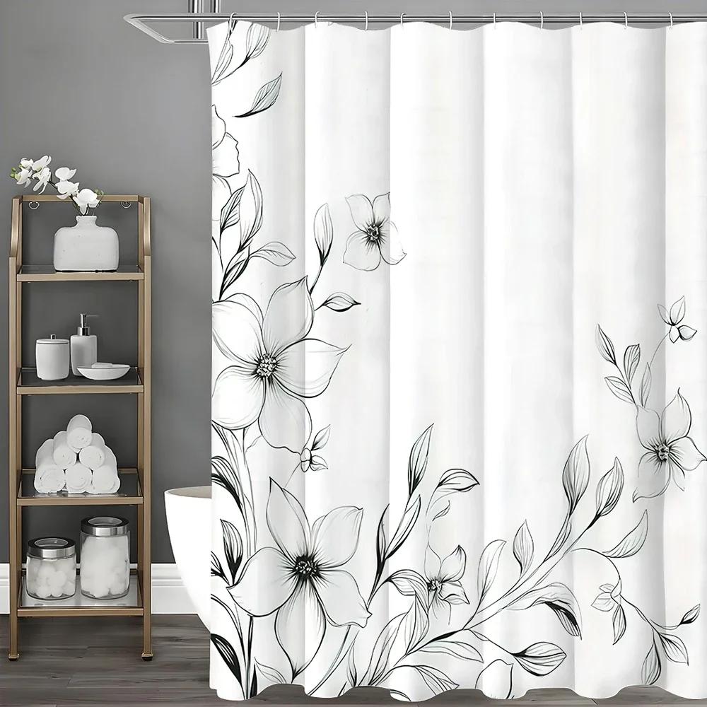 Black and White Floral Botanical Shower Curtain, Bathroom Decorative Shower Curtain, Waterproof Shower Curtain with Hooks