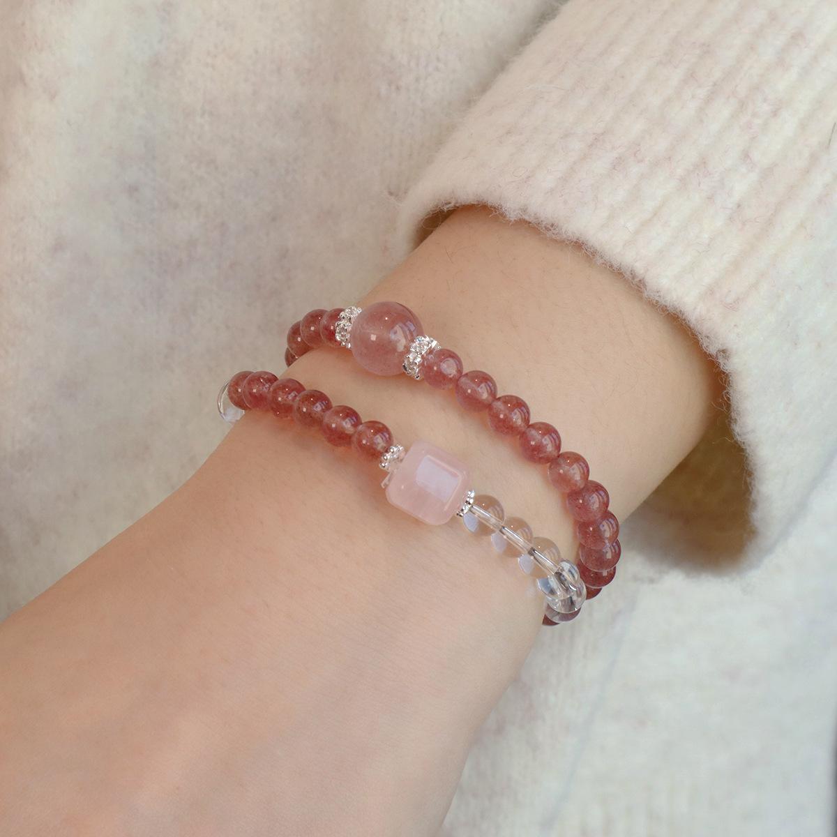 Natural strawberry crystal double circle crystal bracelet Bangles Women Fashion Jewelry accessories Gift