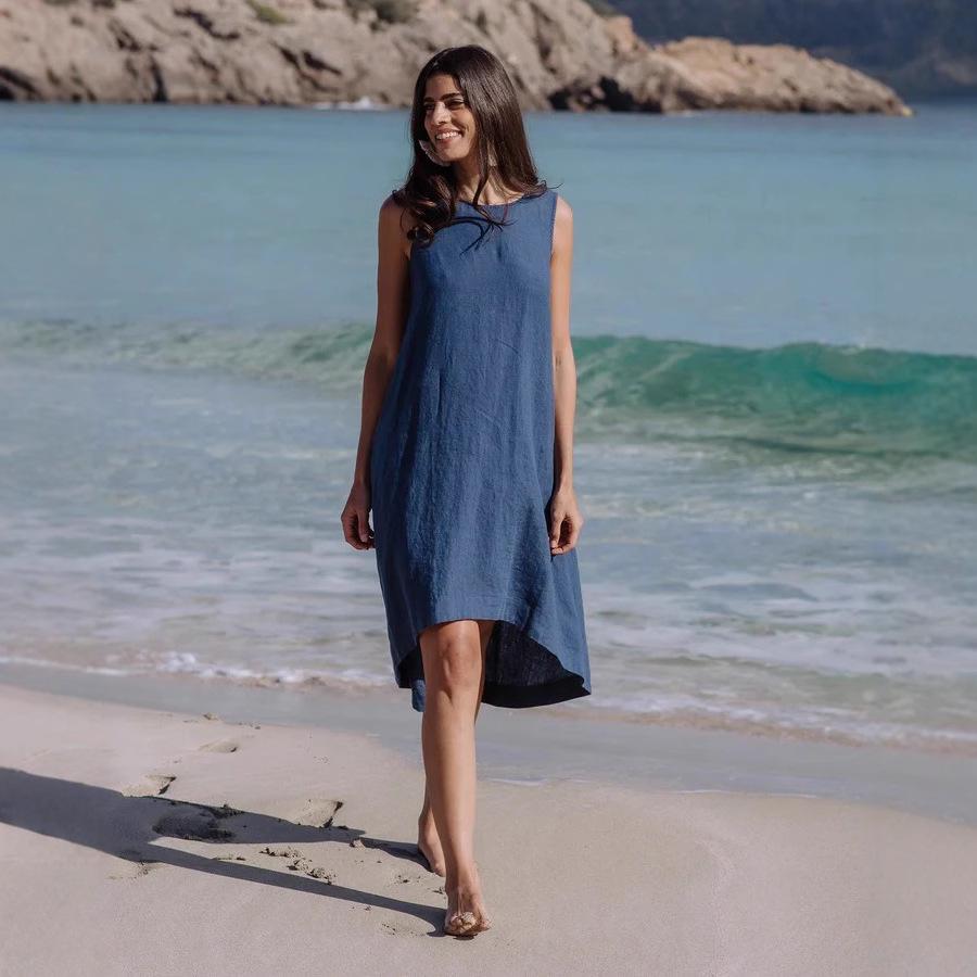 Summer Cotton Linen Solid Color Sleeveless Irregular Round Neck Long Dress
