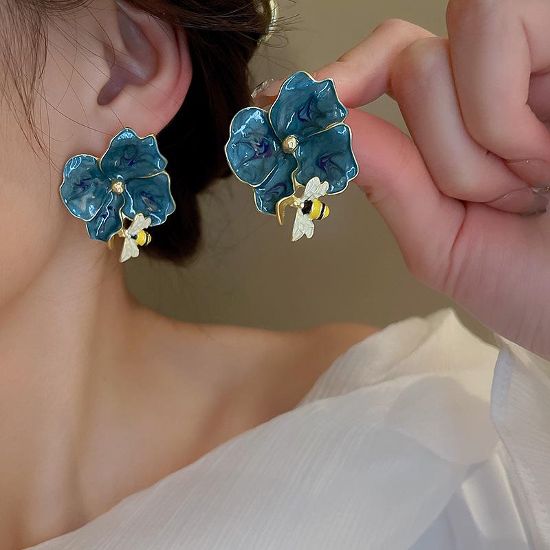 Boucles d'oreilles pendantes vintage en émail style peinture à l'huile - Luxe léger, design rétro haut de gamme pour femmes