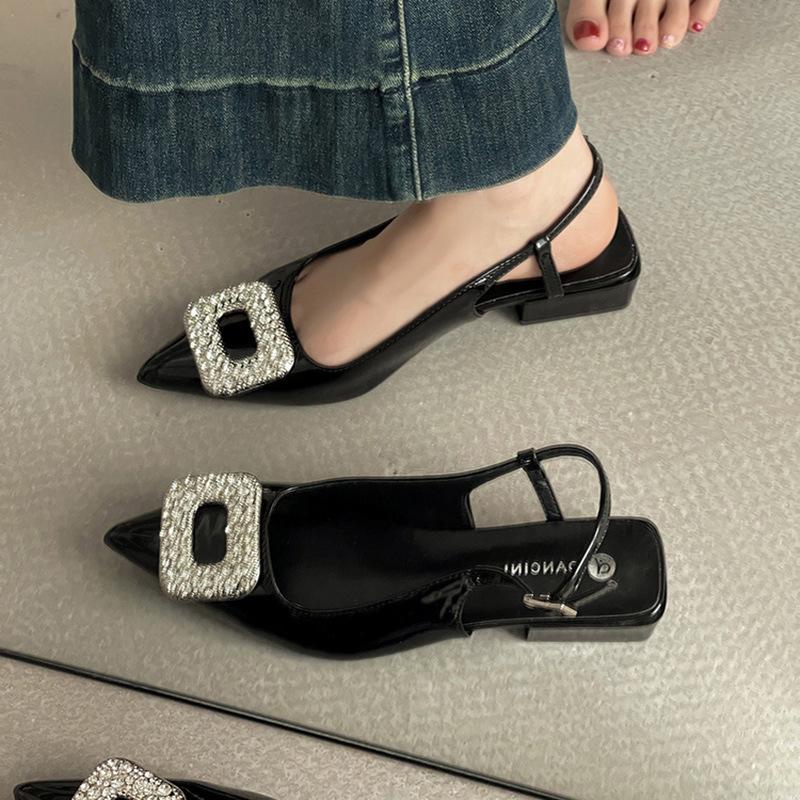 French Simple Temperament Rhinestone Square Buckle Pointed Sandals Women's 2025 Summer New Outer Wear with Skirt Fashion Shoes