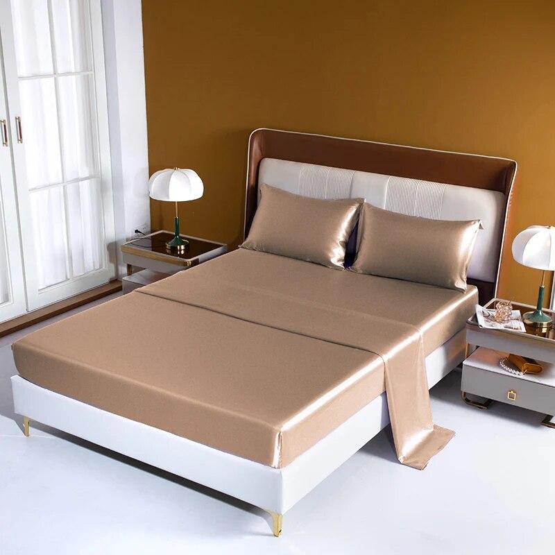 Luxury Satin Bed Sheet Set Rayon Fitted Sheet Height 35cm 21 Colors Optional  Flat Sheet Set Soild Color Bedding Set