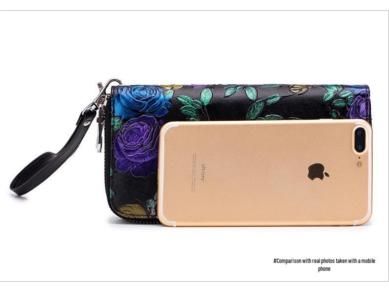 Rose Flower Ladies Genuine Leather Wallet – Double Zipper, Large Capacity, Multi-card Slots