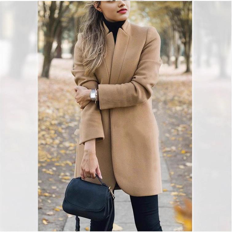 Women's Stand Collar Solid Color One Button Long Sleeve Mid Length Wool Blend Coat Casual Open Front Jacket