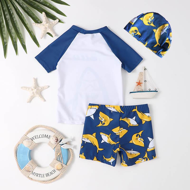 Boys' Short Sleeve Cartoon Shark Swimsuit Set for Big Kids