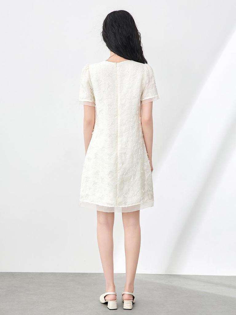 Women's Summer Mesh Jacquard Cut-Out Dress with Round Neck