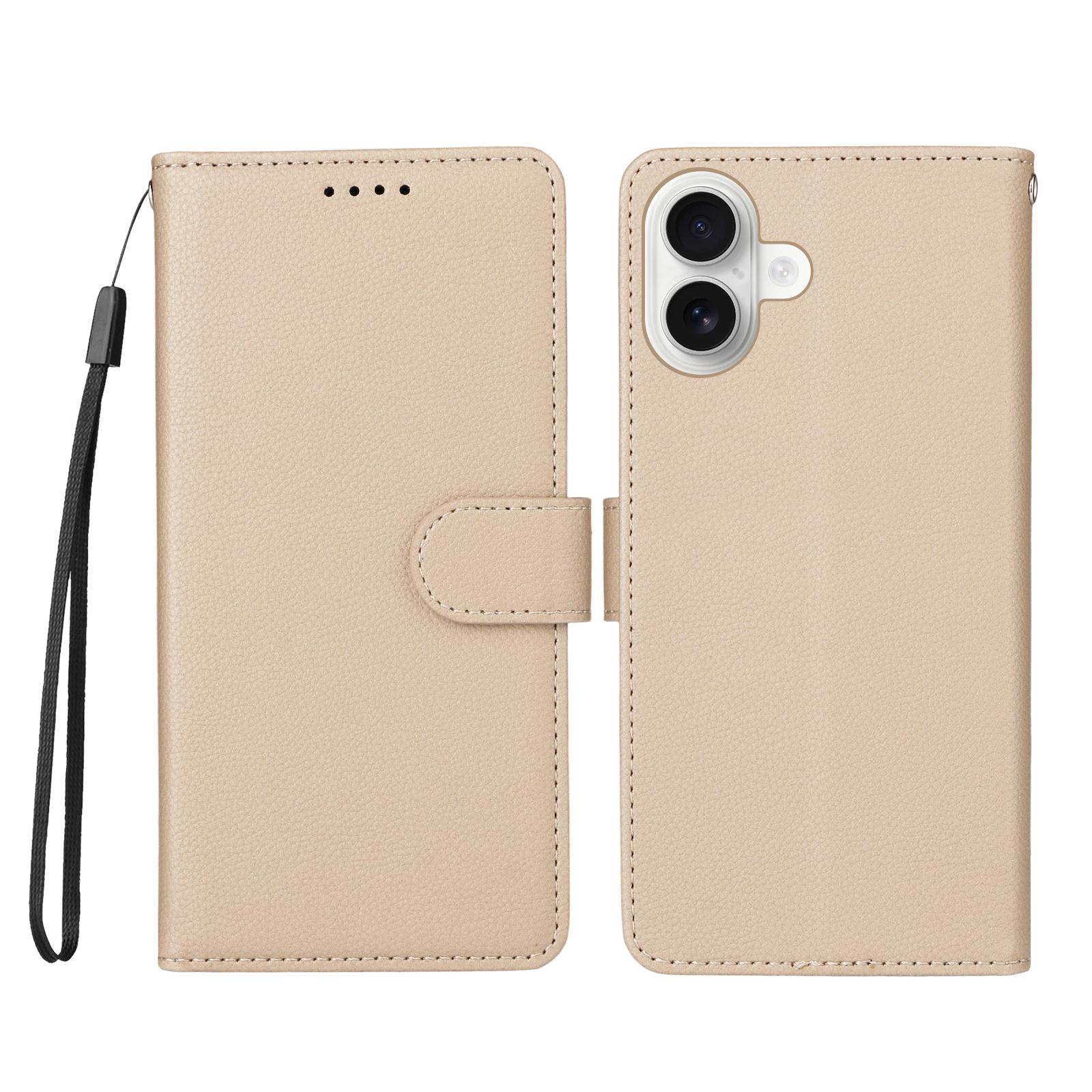 

For iPhone 16 Case RFID Blocking 3 Card Slots PU Leather Phone Cover with Wrist Strap Creamy White