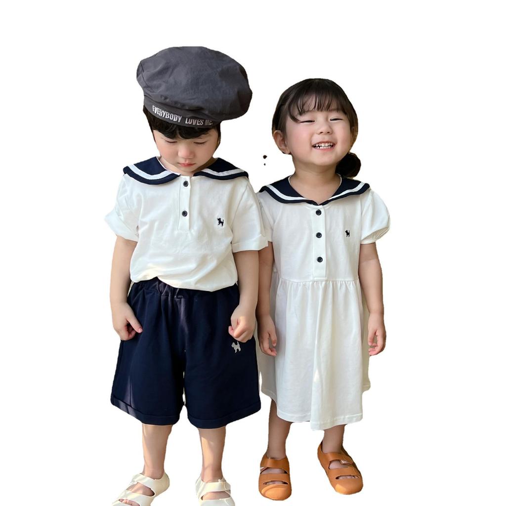 Summer Sibling Outfits: Boys' Sailor Collar Shorts Set & Girls' Academic Style Dress
