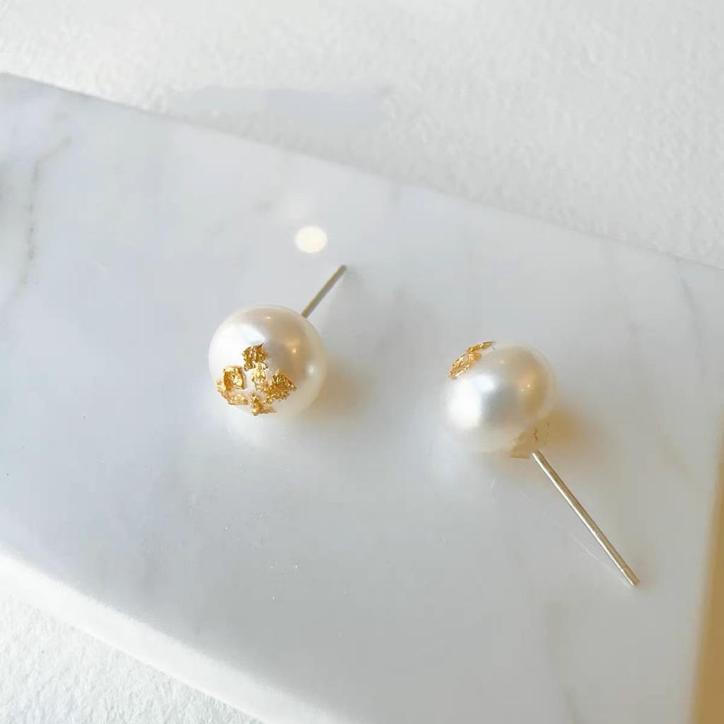 Fashion Trendy Gold Foil Film Natural Freshwater Pearl Earrings Gentle Plain Silver S925 Silver Stud Earrings Versatile Casual
