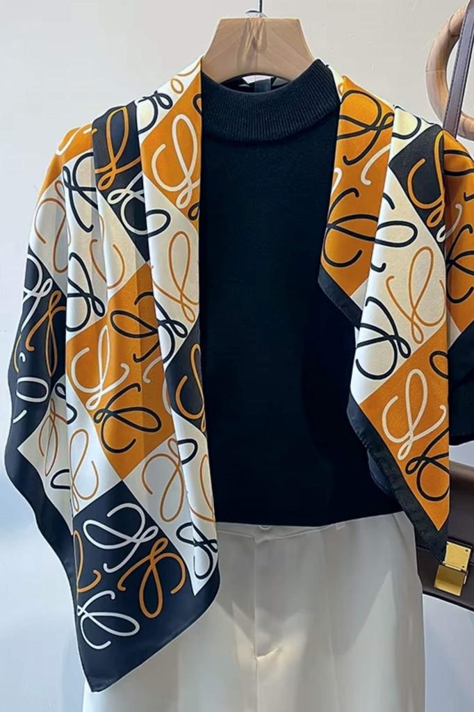 Women' Scarf 90X90 with Letter Pattern - Amber and Black Check with Monogram