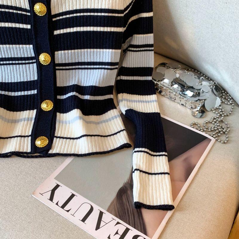 Self-Retained Recommend ~ Stripe Single-Breasted Long Sleeve Knit Cardigan Women Autumn New Versatile Small Sling Two-piece Set