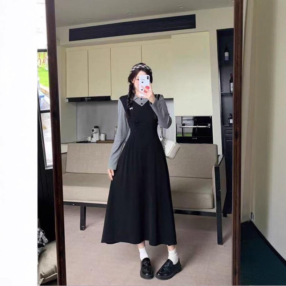 French retro college style dress women's autumn new high-end POLO collar waist slim skirt