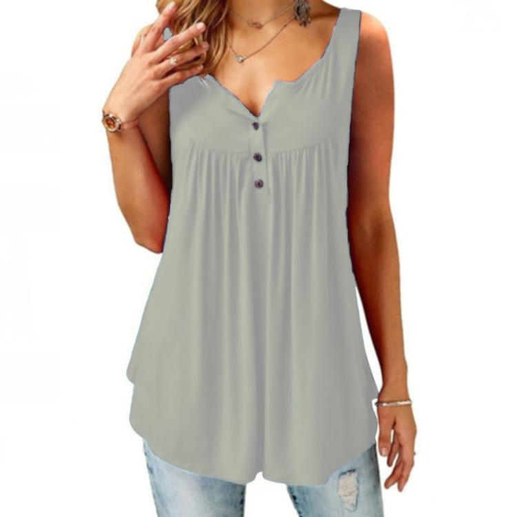 Summer 2020 Women's Solid Color Ruched Sleeveless Casual Mid-Length Button Vest T-Shirt
