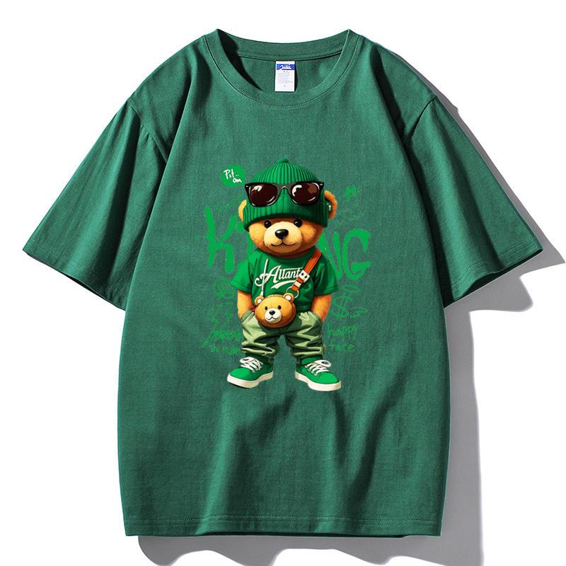 

MINISO 2026 Summer Men Women Cool Streetwear Teddy Bear Print Oversized T-shirt Casual Cotton Tee XXL темно-зелений колір