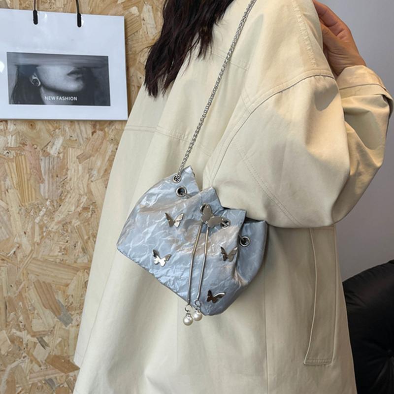 Elegant Women's Drawstring Bucket Butterfly Chain Shoulder Bag Fashion PU Top-Handle Solid Color Crossbody Bag KTY