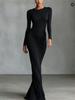 European and American women's clothing long-sleeved pleated waist slim-fitting dress, temperament evening dress long dress