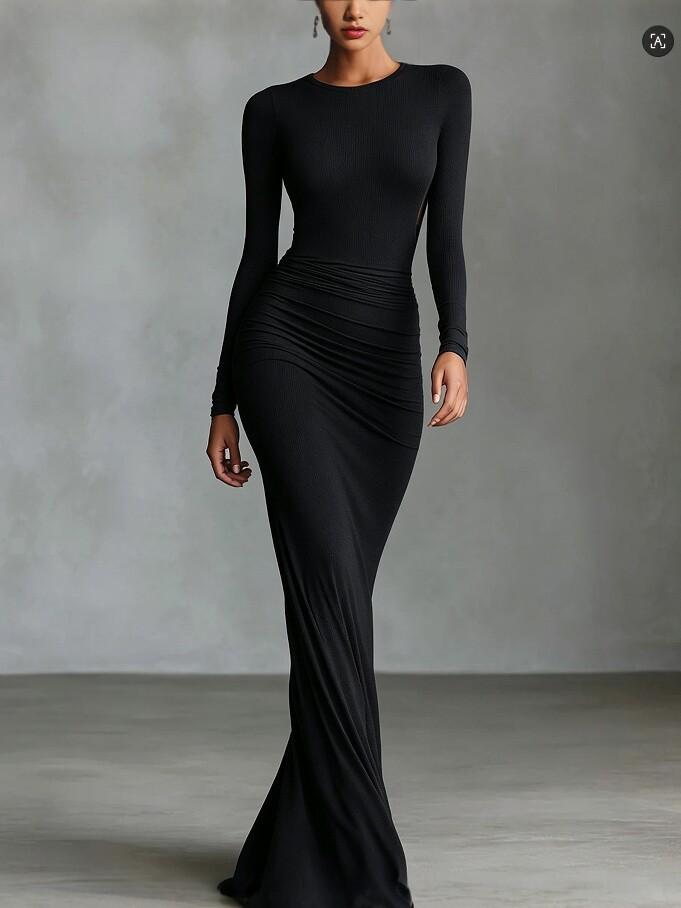 European and American women's clothing long-sleeved pleated waist slim-fitting dress, temperament evening dress long dress