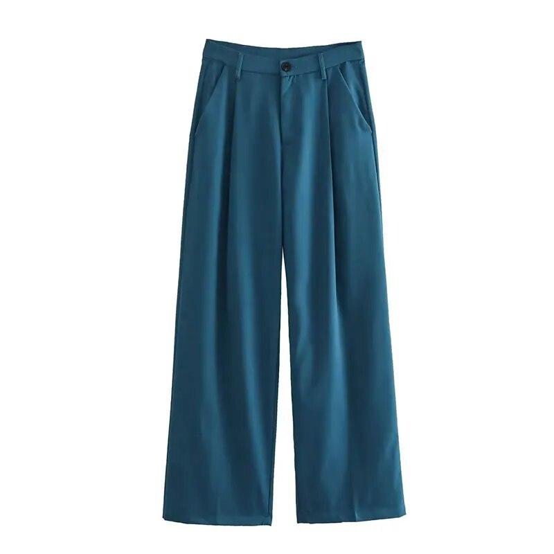 Pantalones informales de pierna ancha plisado para Mujer, pantalón Vintage de cintura alta con cremallera, pantalón largo completo con bolsillo y botones para oficina
