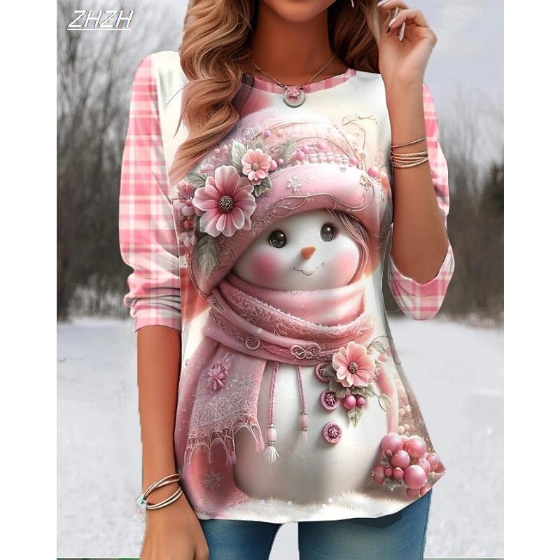 2025Christmas Women's T Shirt Graphic Snowman Vintage Fashion Stylish Long Sleeve Crew Neck Regular Tops Daily Print Fall Winter