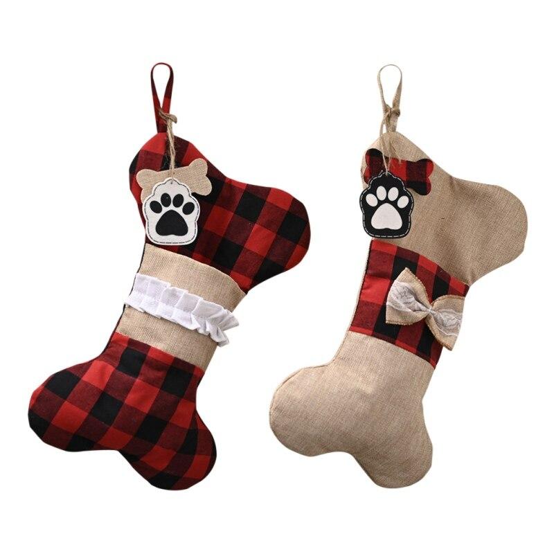 

2 Pcs Pet Dog Christmas Stockings Buffalo Plaid Large Bone Shape Pets Stockings For Dogs