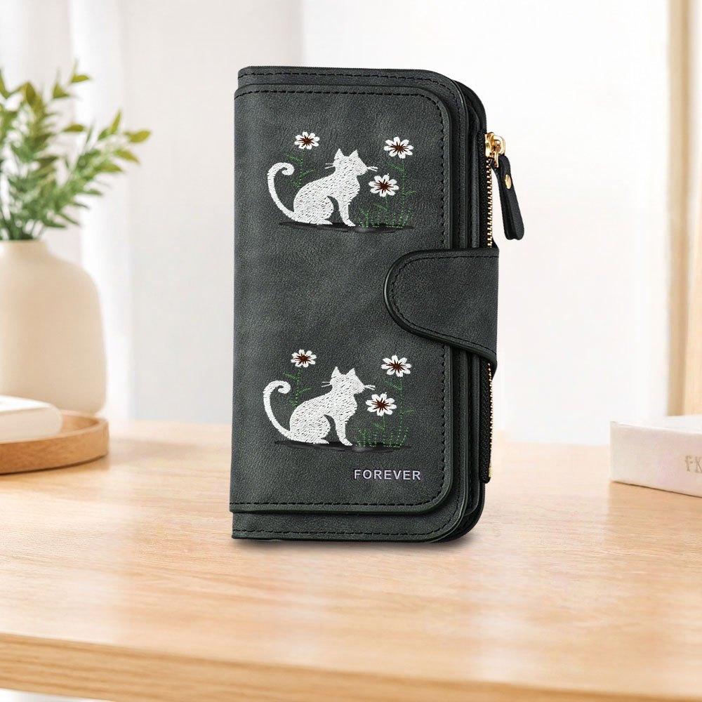 Floral White Cat Long Zipper Wallet, Large Capacity Card Holder, Unisex Clutch Bag, Fashionable Zipper Coin Purse, Suitable for Daily Use, A Great