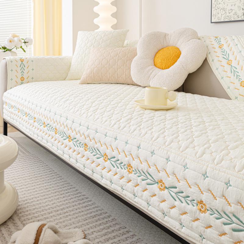 Nordic Anti Slip Sofa Mat  Flower Embroidery Water Washed Cotton Dustproof Couch Cover Solid Color Cushion Protective Sleeve