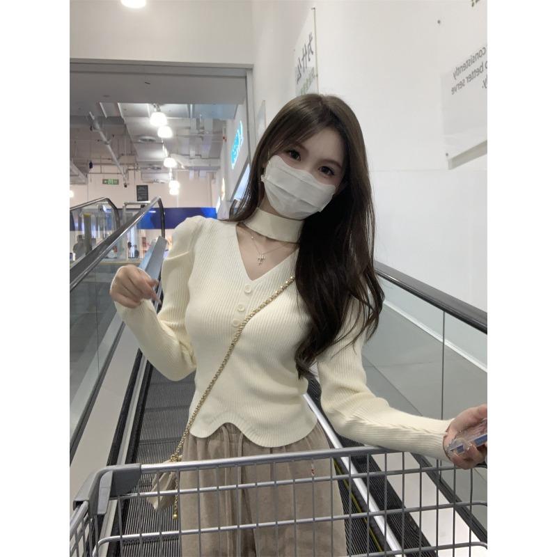 

scheming hollow neck bubble sleeve bottoming shirt women s pure desire wind inner sweater wool knitted top One size fits all [recommended 80-60kg] абрикосовый